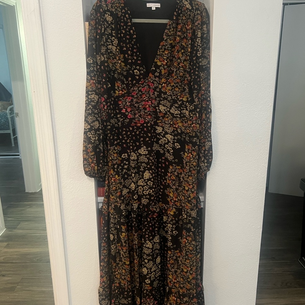 Baltic Born Black Floral Long Sleeve V-Neck Dress